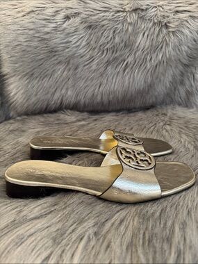 Tory Burch Metallic Gold Logo Slide Sandals Size 12